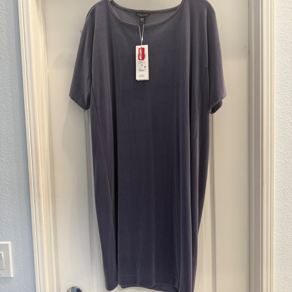 NWT Eileen Fisher Blue Gray Soft Short Sleeve Shirtdress, Size S/P